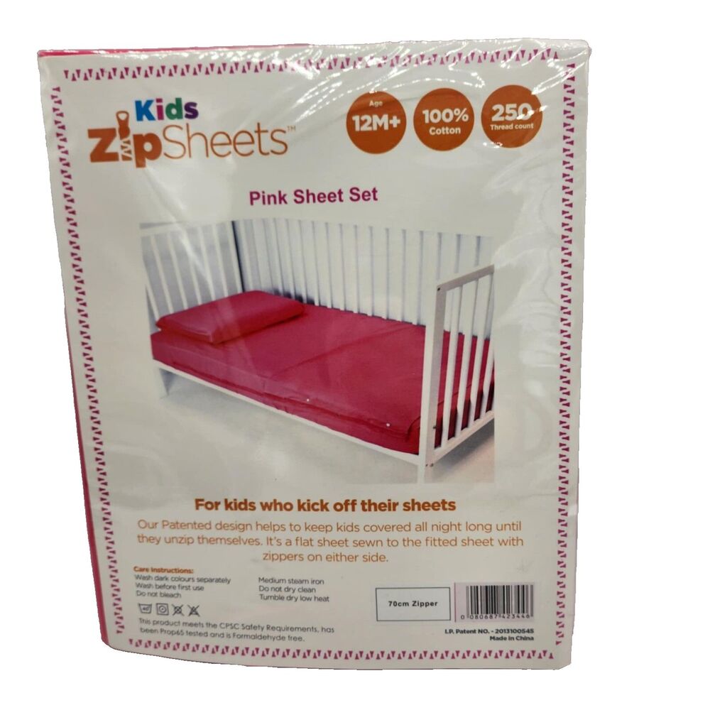 Quick Zip Kids ZipSheets 3-Piece Crib Sheet Set Pink Fitted Flat Pillow Case NEW